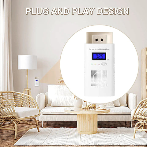 Two Pack Plug In Gas And Carbon Monoxide Detector Set With Digital Display And 85dB Alarm, Detects Natural Gas, Propane, Methane, 9V Battery Backup, No Fuss Install For Home, Apartment Or RV in a living room setting