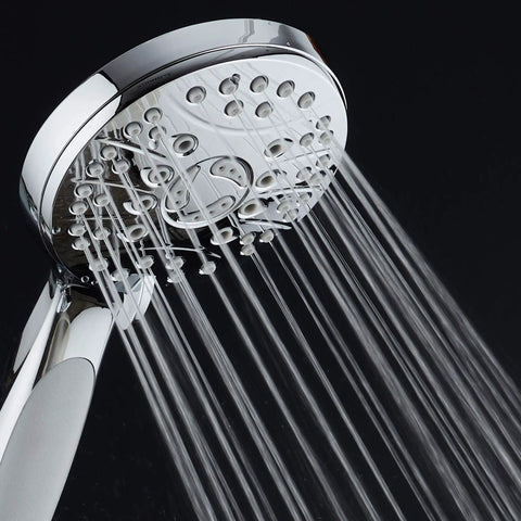 Water flowing from High Pressure 6 Setting Luxury Handheld Shower Head With Extra Long 6 Foot Stainless Steel Hose Anti Clog Jets And Anti Slip Grip Boss Grade Wall Bracket Included Chrome Finish showing spray mode.
