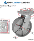 Diagram of Heavy Duty 6 Inch By 2 Inch Steel Caster Wheels Set Of 4 With Swivel Top Plate highlighting dimensions and features.