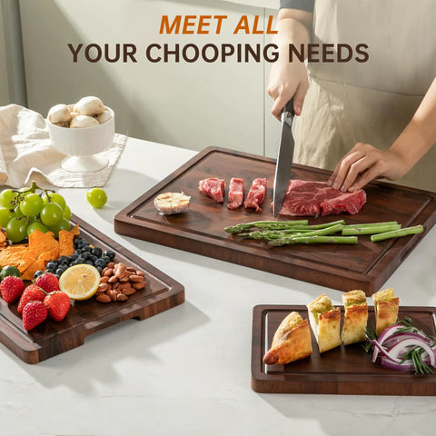 Heavy Duty End Grain Walnut Cutting Board Set Premium Wood Chopping Block For Kitchen Cooking Food Prep with meats and veggies.