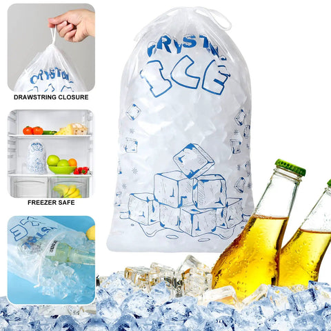 Heavy Duty Ice Bags 10 Lb With Drawstring 50 Count Reusable Ice Bags For Ice Machines Portable Freezer Storage. 