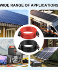 10AWG 50 Feet Solar Panel Extension Cable With Waterproof Male And Female Connectors For RV Boat Car And Home Use Beefy Durable Tinned Copper Wire With XLPE Insulation And Double Insulation. Images show solar cables, RV, home, and outdoor solar setups.