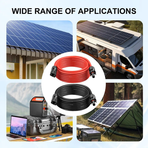10AWG 50 Feet Solar Panel Extension Cable With Waterproof Male And Female Connectors For RV Boat Car And Home Use Beefy Durable Tinned Copper Wire With XLPE Insulation And Double Insulation. Images show solar cables, RV, home, and outdoor solar setups.