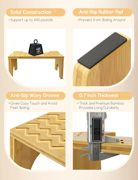 Bamboo Poop Stool 7 Inch Toilet Step with anti-slip rubber pad, durable design, supporting weight and thickness details.