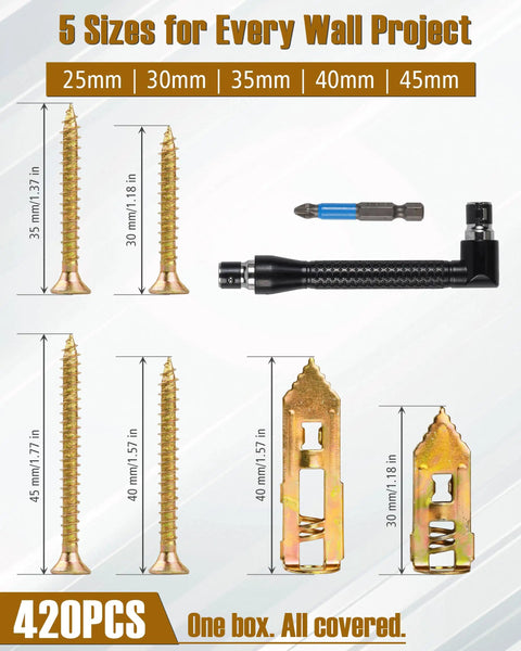 Heavy Duty Self Drilling Drywall Anchors And Screws Kit With 180 Pieces In One Case 90 Anchors And 90 Screws 0.47 X 1.18 Inch Hollow Wall Fasteners For Picture Frames Shelves And Wall Decor, 5 sizes