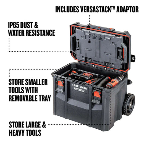 Open TradeStack Rolling Tool Box With Wheels IP65 Waterproof And Stackable Portable Chest showing removable tray and tools.