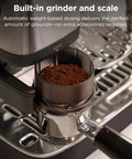 Close-up of Home Barista Luxe Café Mini Espresso Machine With Built-In Burr Grinder And Drip Coffee showing grinder and grounds
