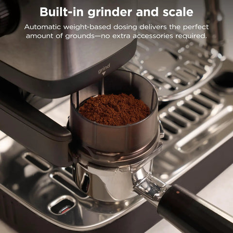 Close-up of Home Barista Luxe Café Mini Espresso Machine With Built-In Burr Grinder And Drip Coffee showing grinder and grounds