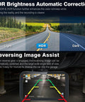 Ultra Crisp Dual Dash Cam showing HDR auto correction and reversing assist feature with park guide lines.