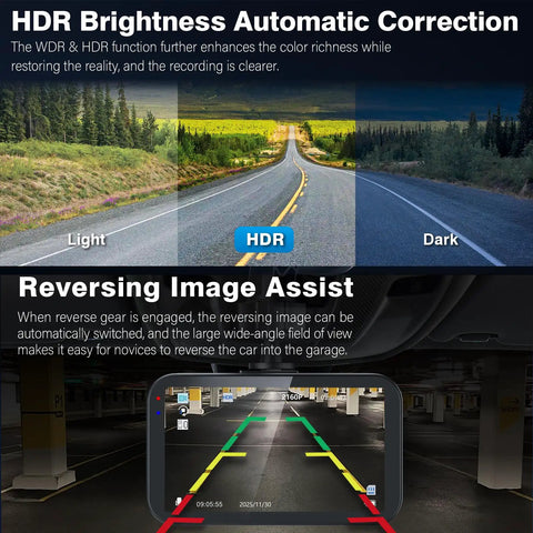 Ultra Crisp Dual Dash Cam showing HDR auto correction and reversing assist feature with park guide lines.