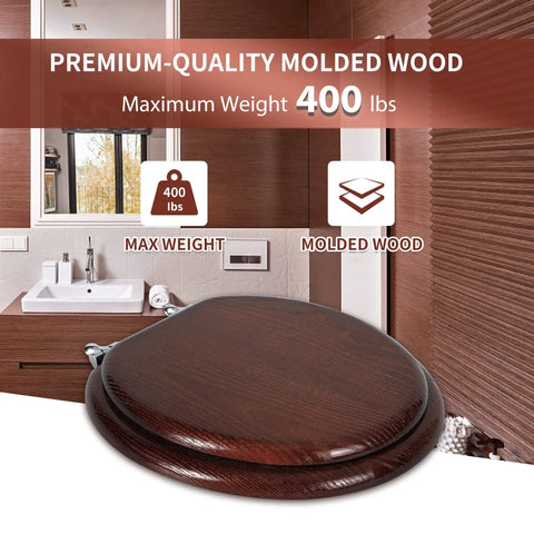 Durable Wood Veneer Toilet Seat With Metal Hinge, Easy Clean And Anti Scratch, Round Size In Dark Walnut Finish