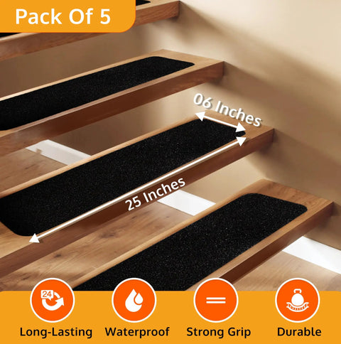 Non Slip Stair Treads For Indoor Outdoor Use Waterproof Grip Tape shown on wooden steps, 5 Pack