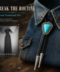 Hand Braided From Premium Genuine Leather This Adjustable Turquoise Bolo Tie on denim shirt showcasing wild west style.