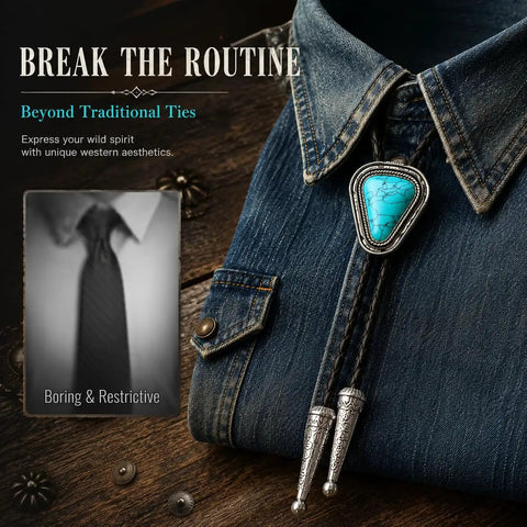 Hand Braided From Premium Genuine Leather This Adjustable Turquoise Bolo Tie on denim shirt showcasing wild west style.