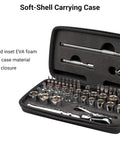 Open case showing 1/4 Inch Drive Socket Set With Flex Head Ratchet For Small Engine Work, 50 Piece Bit And Socket Kit In Case