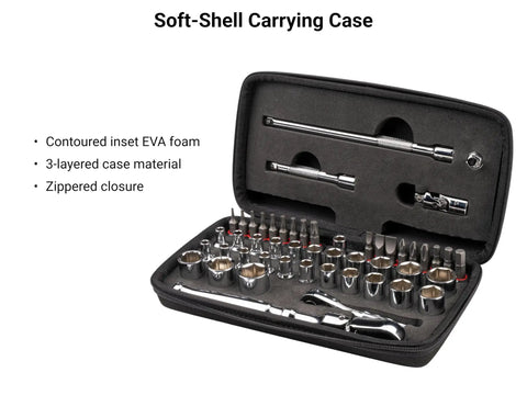 Open case showing 1/4 Inch Drive Socket Set With Flex Head Ratchet For Small Engine Work, 50 Piece Bit And Socket Kit In Case