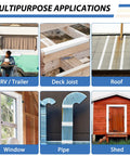 Multipurpose applications of Fluorocarbon Membrane Butyl Waterproof Tape 4 Inch By 32 Feet Self Adhesive White Roofing Sealant shown in various settings including RV, deck joist, roof, window, pipe, and shed repair.