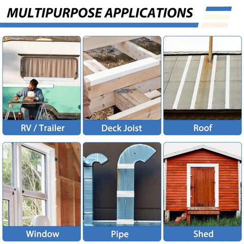 Multipurpose applications of Fluorocarbon Membrane Butyl Waterproof Tape 4 Inch By 32 Feet Self Adhesive White Roofing Sealant shown in various settings including RV, deck joist, roof, window, pipe, and shed repair.