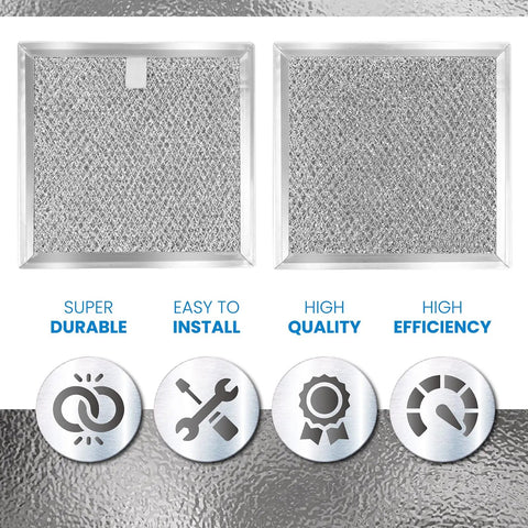 AP5306190 Aluminum Mesh Grease Filter for Samsung Microwave Hood Range Replacements, two-pack, features and benefits diagram.