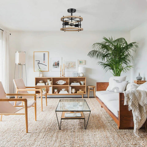 Living room with Industrial Farmhouse 2 Light Semi Flush Mount Ceiling Light Fixture With Rustic Wood And Black Metal