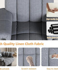 Close-up of gray 360 Degree Swivel Glider Recliner Chair With Ottoman and Double Side Pockets, showing linen fabric texture and features.
