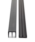 Four Foot Long Plastic Sliding Door Track Kit With Upper And Lower Tracks Super Easy Setup No Extra Hardware Needed Cut To Size For Quarter Inch Panels Black Finish Durable And Smooth Operation For Home or Office showing black PVC tracks in detail.