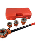 Ratcheting Pipe Threader Kit With Four Dies For Half Inch Three Quarter Inch One Inch And One Quarter Inch Pipe Threading displayed with red case