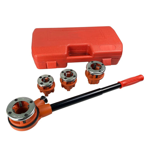 Ratcheting Pipe Threader Kit With Four Dies For Half Inch Three Quarter Inch One Inch And One Quarter Inch Pipe Threading displayed with red case