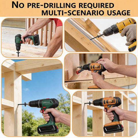 Hands using drills with Heavy Duty Structural Screws With T30 Driver Bit And Self Tapping Tip For Seamless Woodworking And Decking Builds.