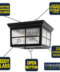 French Pane Square 2 Light Farmhouse Ceiling Mount Light For Indoor Or Outdoor Use Damp Rated Open Bottom With Seedy Glass Black Powder Coat Finish Two Standard Sockets