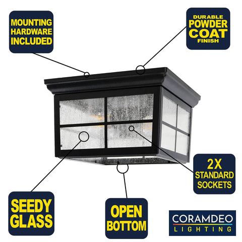 French Pane Square 2 Light Farmhouse Ceiling Mount Light For Indoor Or Outdoor Use Damp Rated Open Bottom With Seedy Glass Black Powder Coat Finish Two Standard Sockets