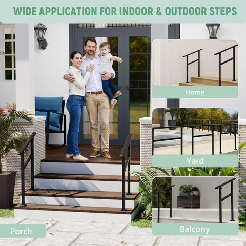 2 Pack Rock Solid Outdoor Step Handrails For Stairs, Adjustable Heavy Duty Steel Porch Railing With Super Grippy Non Slip Handle, Dang Safe For Seniors And Backyard Decks, No Fuss Install Black, family on porch with handrails
