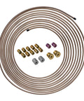 Copper-nickel brake line tubing coil with assorted brass fittings, 3/16 x 25 ft, front view