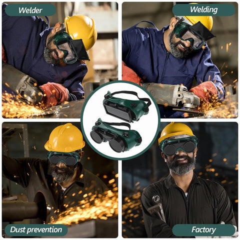 Top Shelf Flip Up Welding Goggles With Anti Scratch Lens For Metalwork And Industrial Eye Protection Featuring A Breathable Vent Design on a welder in action.