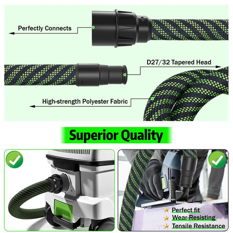 Make Quick Work Of Any Mess With This Beefy Heavy Duty Dust Extractor Hose Compatible With Festool Ct Shop Vacs 3.5 Meter Long D27 32mm Smooth Suction Tubing, showing D27 tapered head detail.