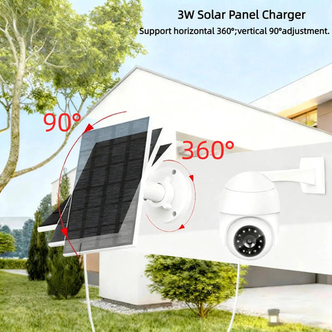 Outdoor Solar Panel Charger For Security Cameras, 3W USB C And Micro USB Ports mounted on house wall