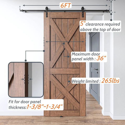 6 Foot Lite Sliding Barn Door Hardware Kit Heavy Duty Combination Track Included Easy To Install Manual Carbon Steel Upgrade Low Clearance 265 Lb Capacity Black Finish shown with measurements and specifications