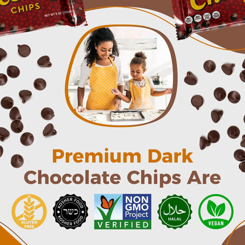 Vegan Semi Sweet Real Chocolate Chips For Baking Three 9 Oz Bags Gluten Free Dairy Free Kosher Parve shown with baking scene