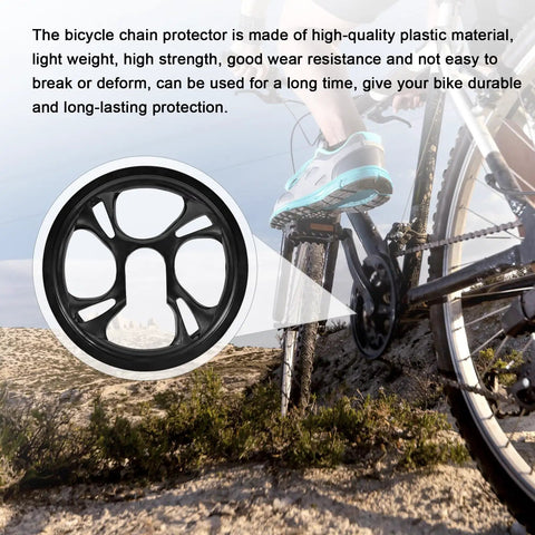 Bike Chain Guard Protector For 48T 4-Hole Cranks, Plastic Sprocket Guard With Black Cover Showcased Near Bike on Trail