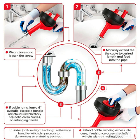 Step-by-step guide for using 42 Foot Beast Mode Drain Snake And Hair Clog Remover, Drill Powered Plumbing Auger For Kitchen And Bath, Red.