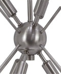 Close-up of Six Light Sputnik Pendant In Brushed Steel And Glass, showing brushed steel arms and spherical center, 27 inch tall.