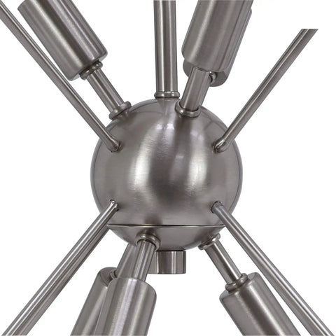 Close-up of Six Light Sputnik Pendant In Brushed Steel And Glass, showing brushed steel arms and spherical center, 27 inch tall.
