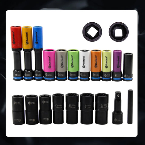 20 Piece One Half Inch Drive Lug Nut Socket Set Color Coded By Size With Thin Wall Non Marring Six Point Impact Lug Extractor Kit