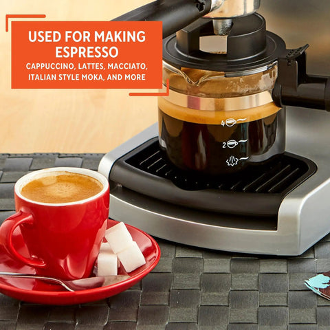 4 Cup Glass Replacement Carafe With Black Handle For Espresso Coffee Makers Clear See Through Viewing Carafe Lets You Monitor Your Brew Durable Replacement Glass Jug For Home Kitchens is used to make espresso on a coffee maker with a red cup on the side.