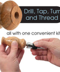 DIY Bottle Turning Kit With Five Classic Chrome Stoppers, demonstrating wood parts and stopper assembly process.