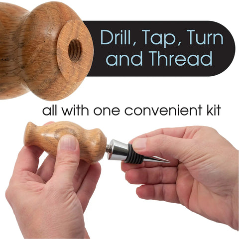 DIY Bottle Turning Kit With Five Classic Chrome Stoppers, demonstrating wood parts and stopper assembly process.