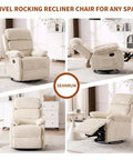 360 Degree Rocking Recliner Chair With Footrest And Side Pocket in swivel and recline positions, beige velvet upholstery.