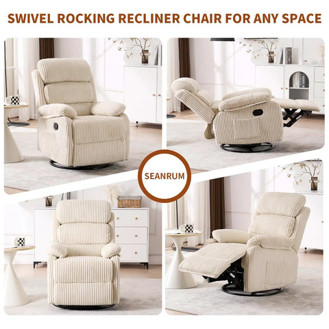 360 Degree Rocking Recliner Chair With Footrest And Side Pocket in swivel and recline positions, beige velvet upholstery.