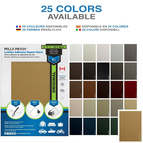 Straight Talk Leather Steering Wheel Repair Kit For Beat Up Vinyl Auto Interiors Cut Peel And Stick Patches That Drop Right On No Sweat Style With Twenty Five Exact Color Picks Like This Sharp Yellow Eight By Eleven Inch Original Setup display of 25 repair patch colors.