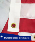 Close-up of brass grommet on Rugged 3x5 Outdoor American Flags For 250th Anniversary Betsy Ross Style Nylon With Embroidered Stars